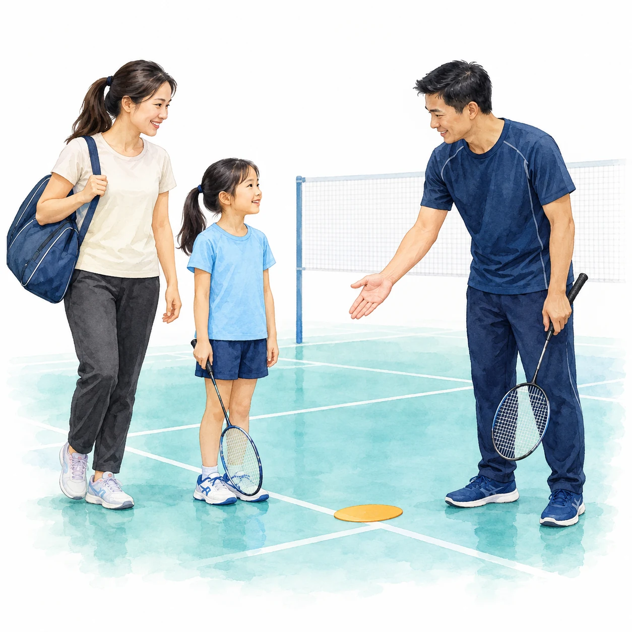 AI-generated educational badminton teaching illustration with generic people.