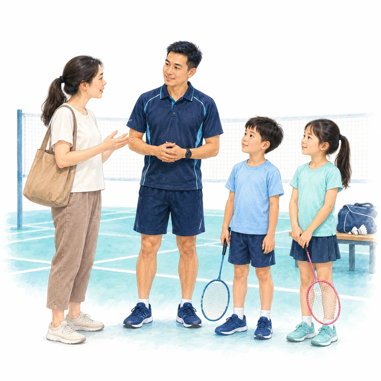 AI-generated educational badminton teaching illustration with generic people.