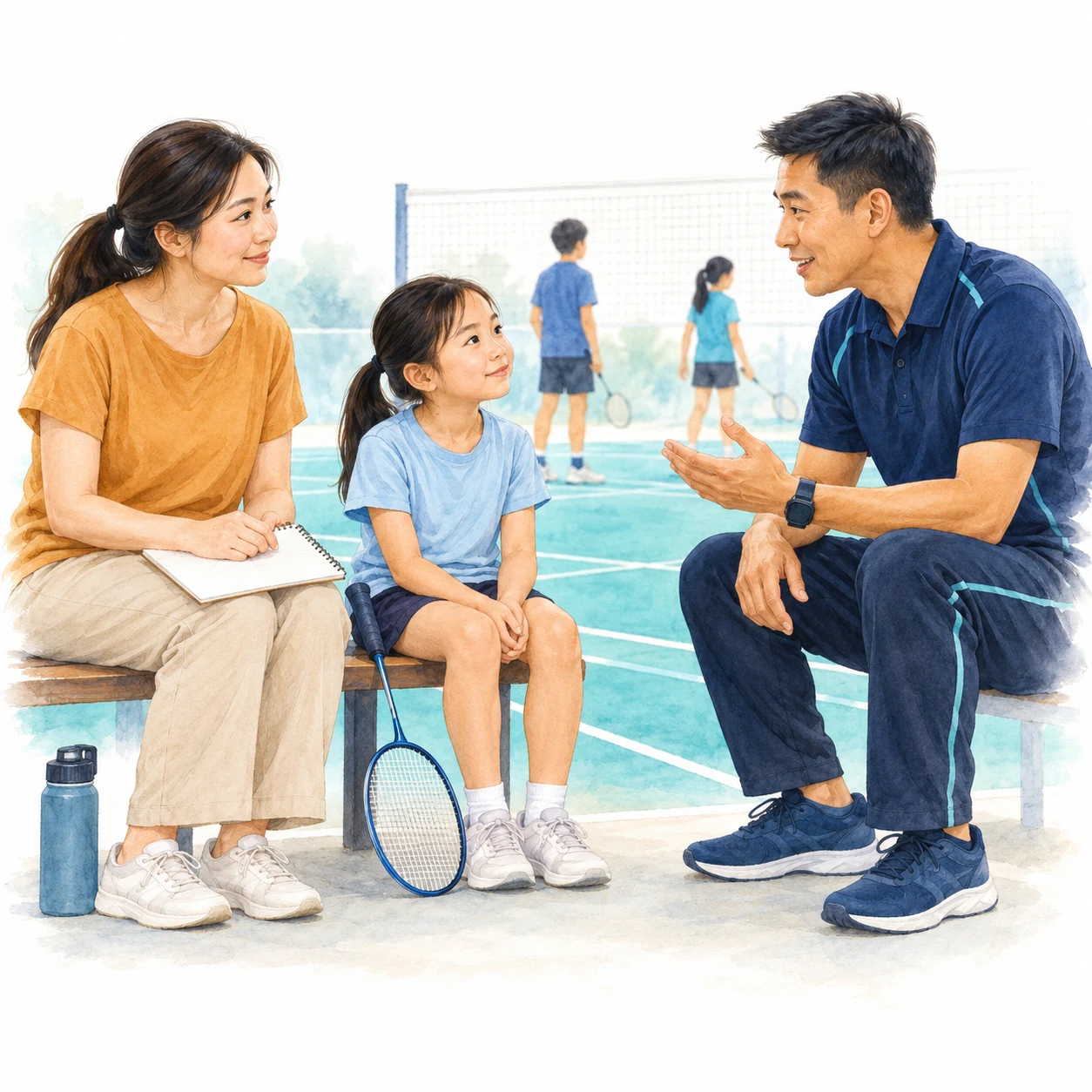 AI-generated educational badminton teaching illustration with generic people.