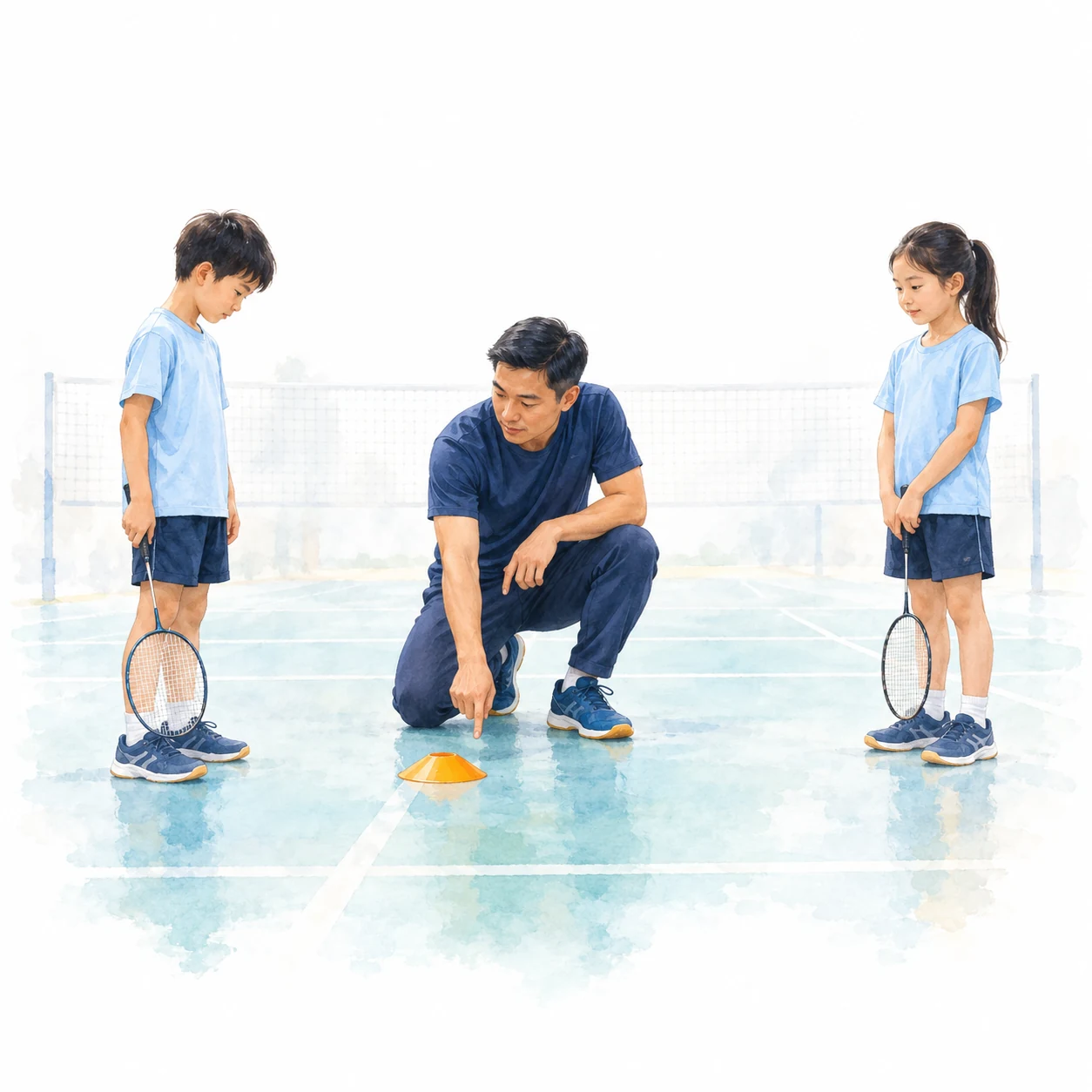 AI-generated educational badminton teaching illustration with generic people.