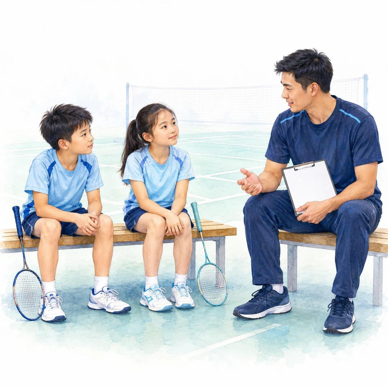 AI-generated educational badminton teaching illustration with generic people.