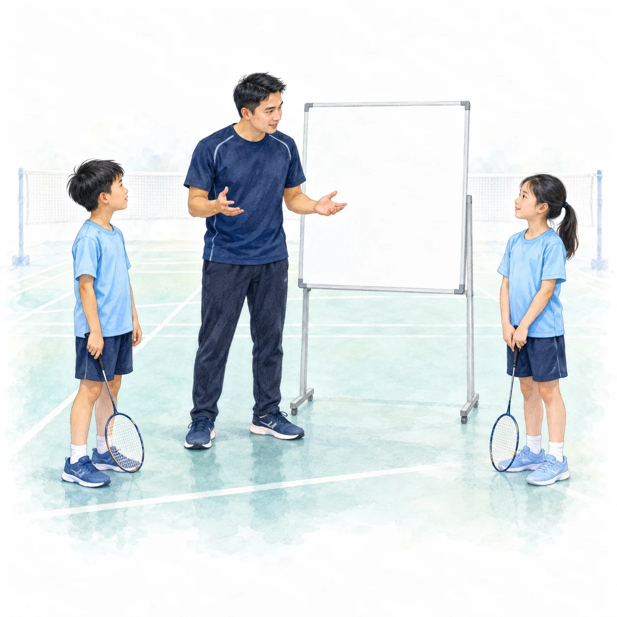 Ilustrasi pendidikan AI: jurulatih menerangkan papan kosong kepada dua anak yang mendengar dengan raket diturunkan secara selamat. Ilustrasi pendidikan AI: jurulatih menerangkan papan kosong kepada dua anak yang mendengar dengan raket diturunkan secara selamat.