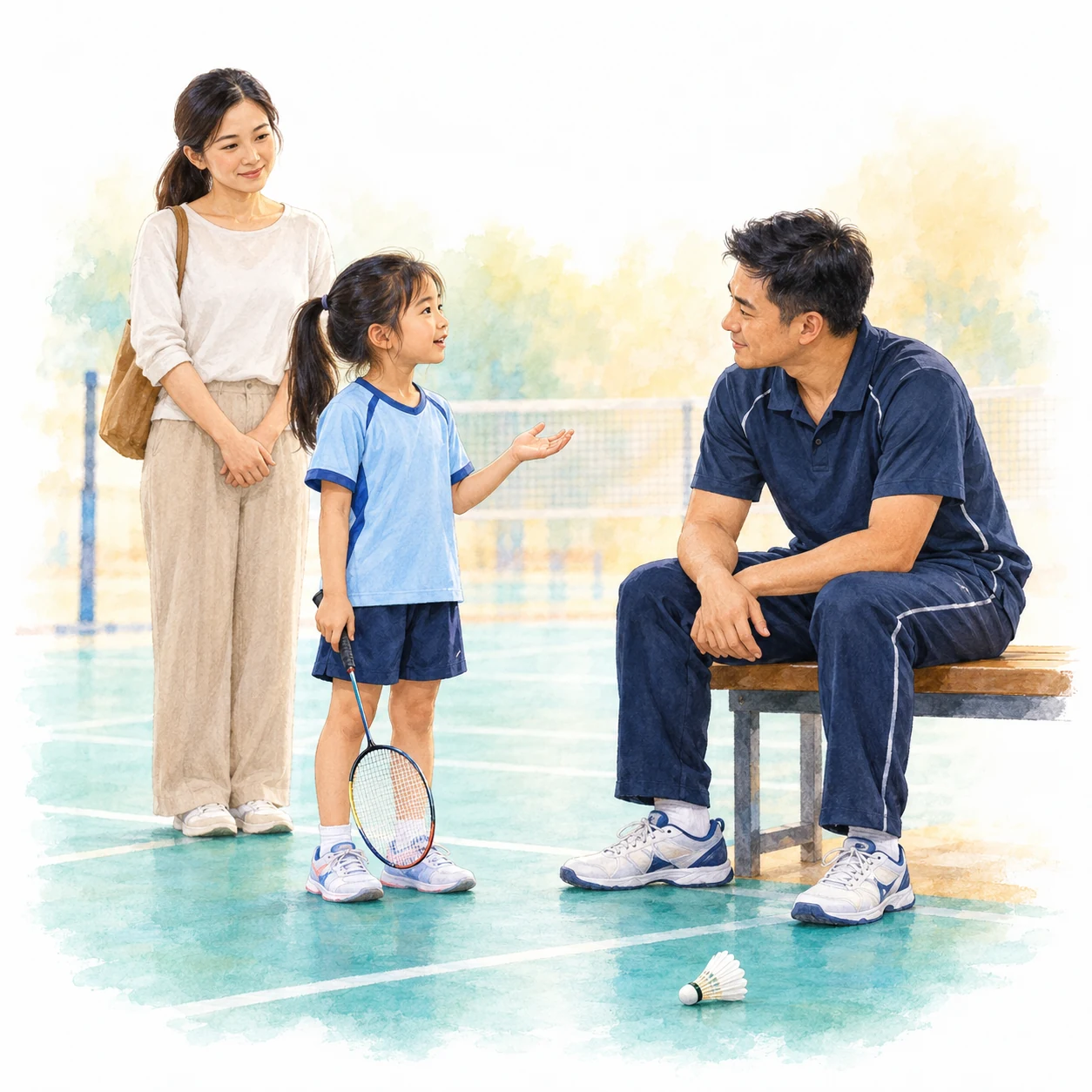 AI educational illustration of a child asking a seated coach a question while a parent listens behind.