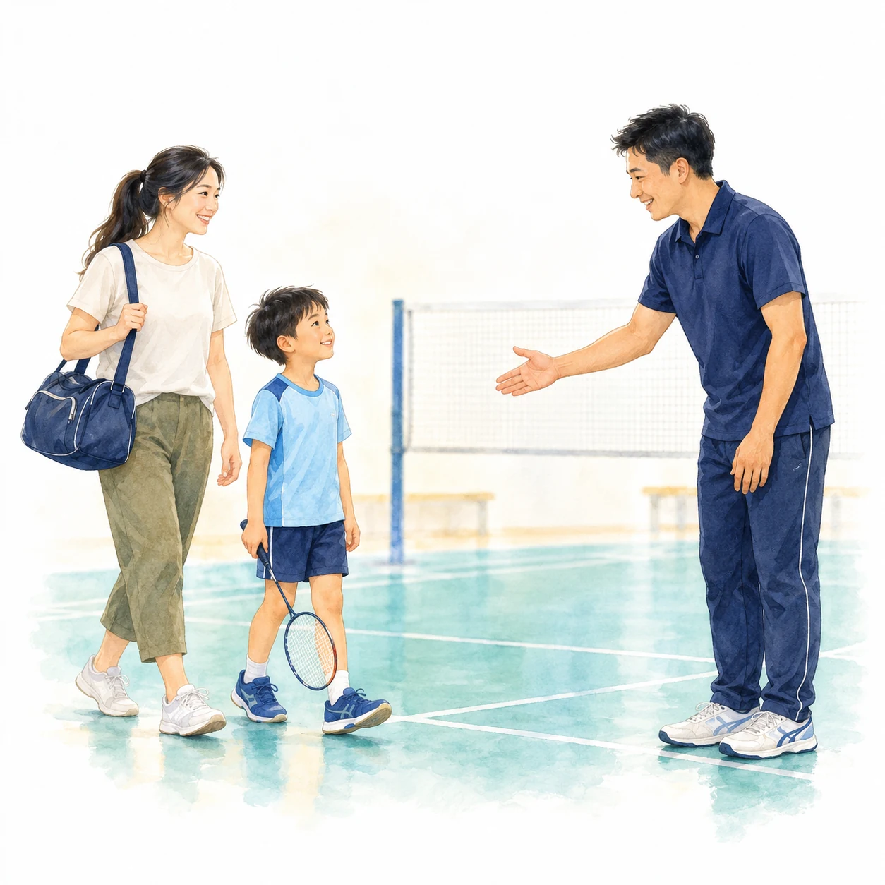 AI educational illustration of a coach welcoming a child and parent beside a badminton court.
