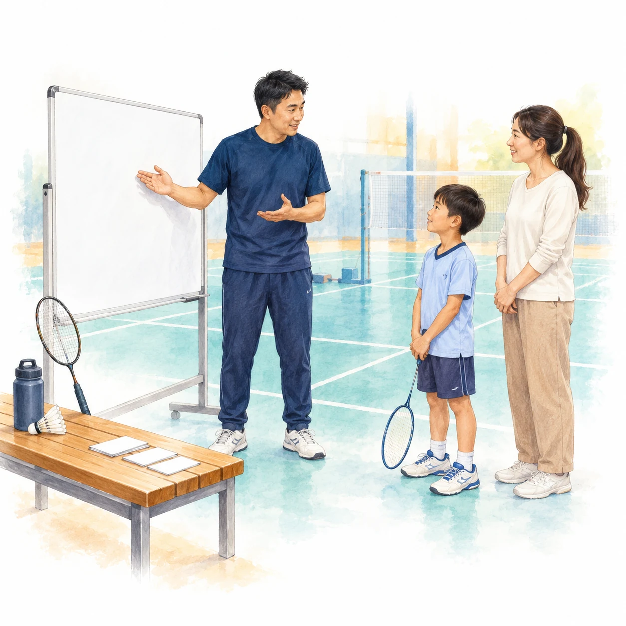 AI educational illustration of a coach explaining a blank white board to a child and parent beside blank cards. AI educational illustration of a coach explaining a blank white board to a child and parent beside blank cards.