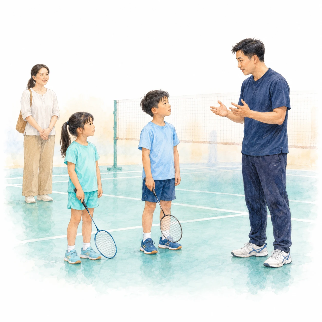 AI educational illustration of two children of different heights listening to a coach while a parent watches behind.
