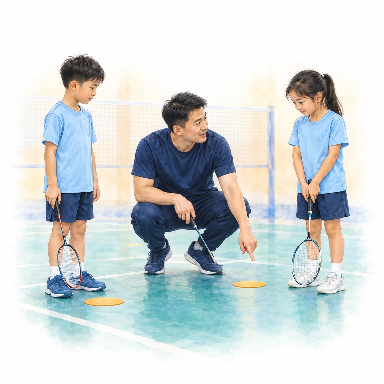 AI educational illustration of a coach discussing two amber floor markers with two children holding rackets safely down. AI educational illustration of a coach discussing two amber floor markers with two children holding rackets safely down.