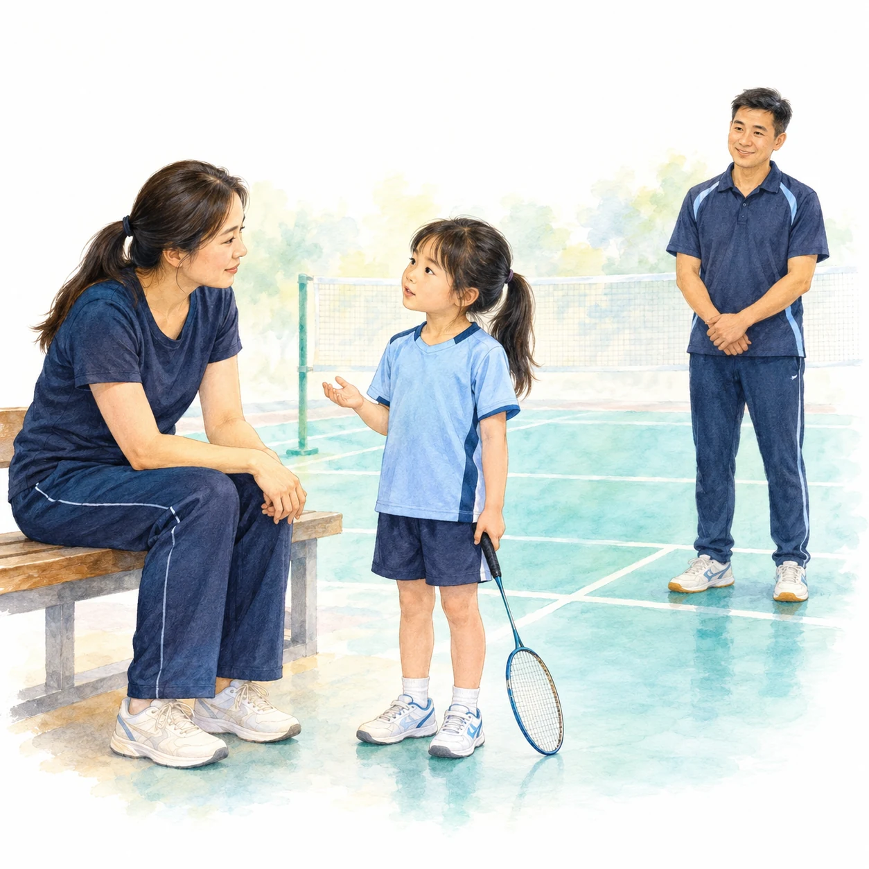 AI educational illustration of a seated parent listening to a child’s question while a coach stands farther behind.