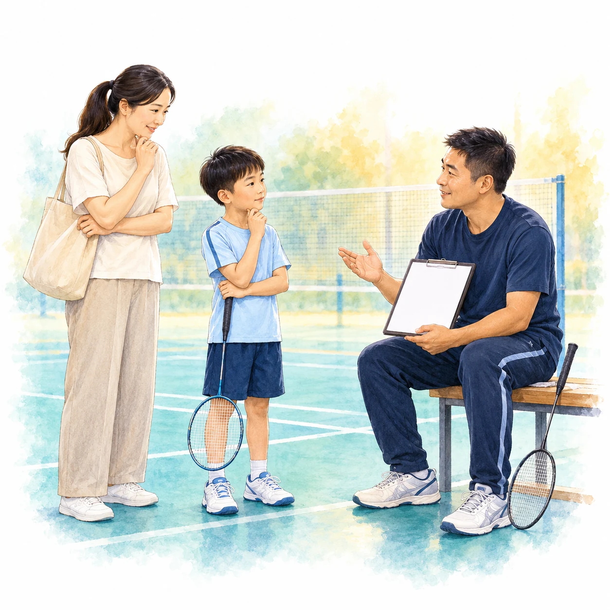 AI educational illustration of a seated coach discussing a blank clipboard with a thoughtful child and parent. AI educational illustration of a seated coach discussing a blank clipboard with a thoughtful child and parent.