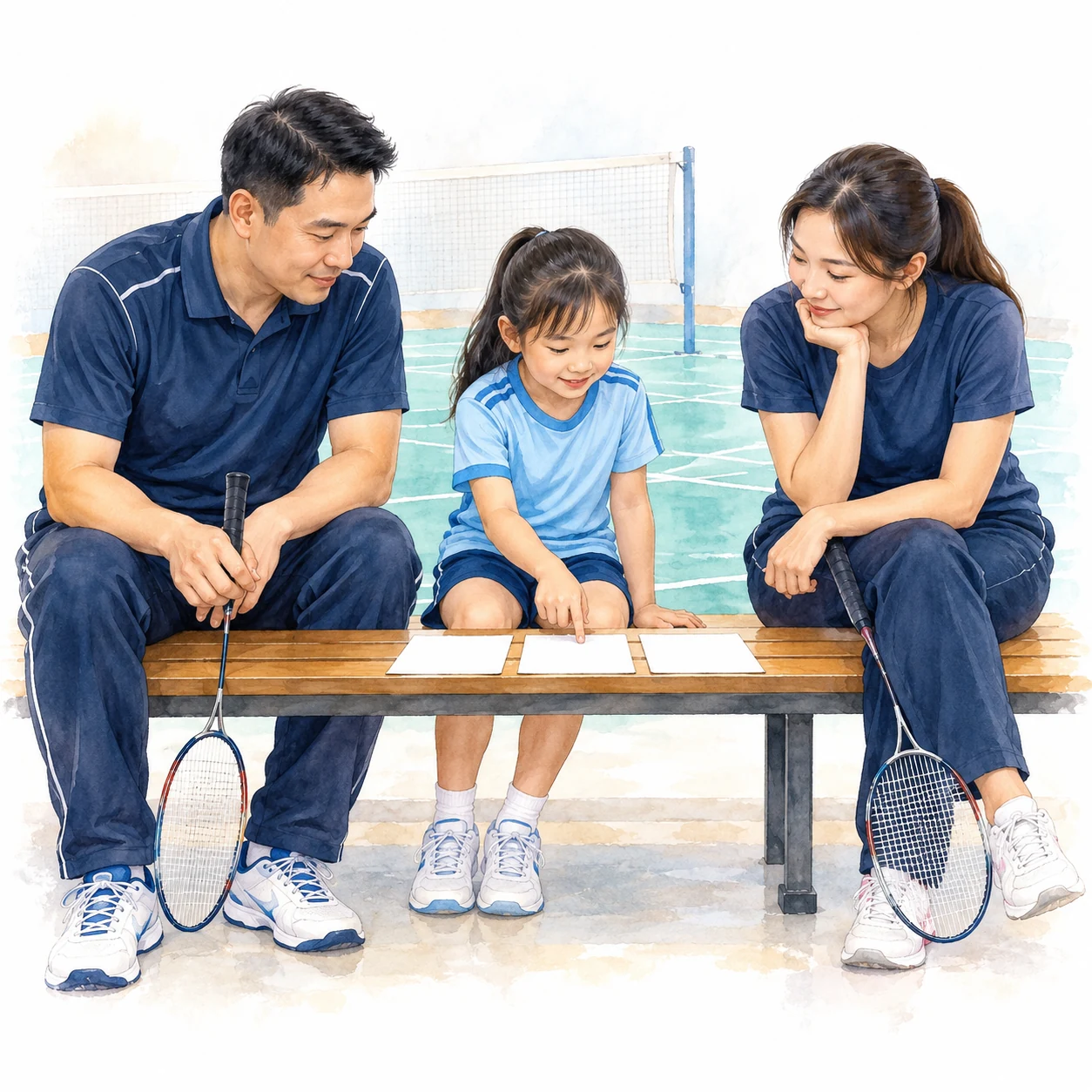AI educational illustration of a child, parent and coach reviewing three blank learning cards on a bench.