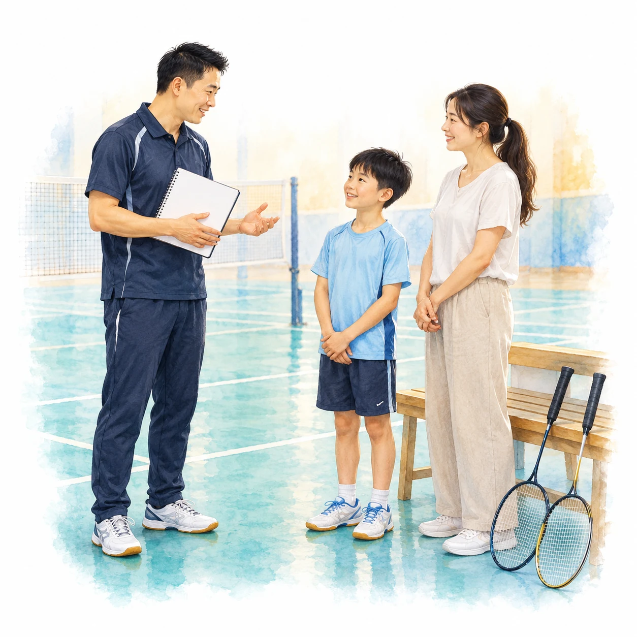 AI educational illustration of a coach holding a blank notebook while a child and parent listen beside a court. AI educational illustration of a coach holding a blank notebook while a child and parent listen beside a court.