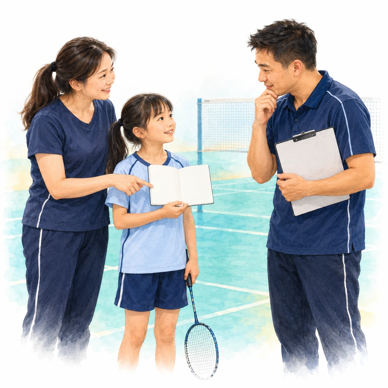AI educational illustration of a child and parent sharing a blank notebook with a listening coach holding a blank clipboard.
