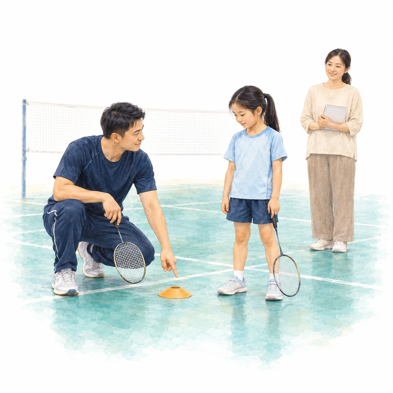 AI educational illustration of a coach explaining an amber floor marker to a child while a parent listens with blank notes. AI educational illustration of a coach explaining an amber floor marker to a child while a parent listens with blank notes.