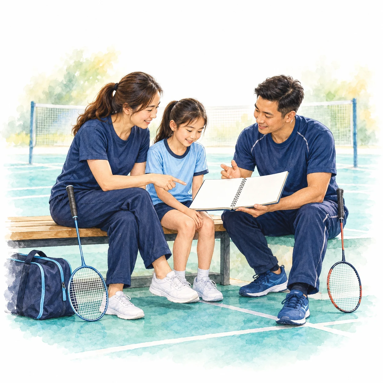 AI educational illustration of a child, parent and coach discussing a blank planning notebook beside a sports bag.