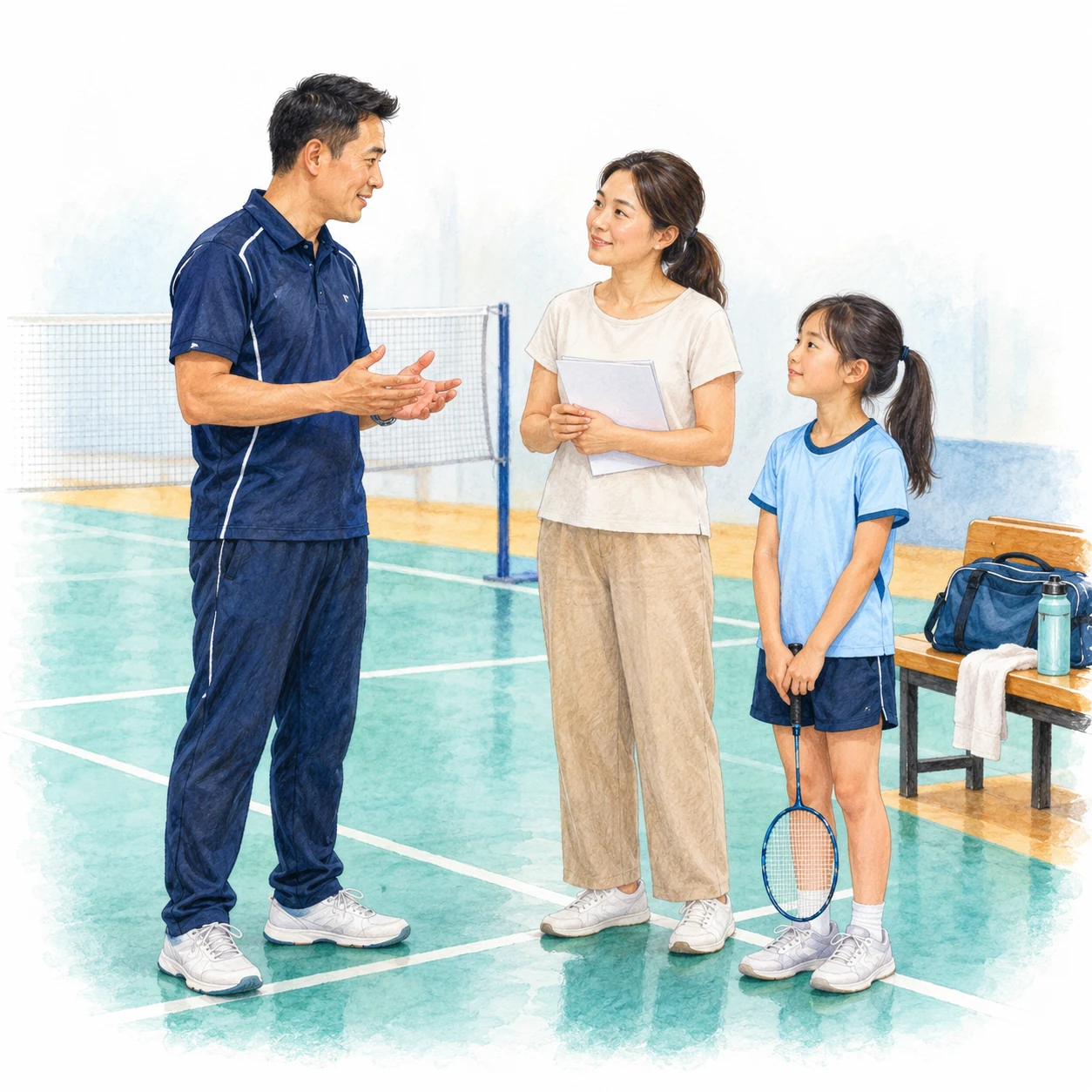 AI educational illustration of a parent holding blank notes while a coach explains an arrangement beside a child. AI educational illustration of a parent holding blank notes while a coach explains an arrangement beside a child.