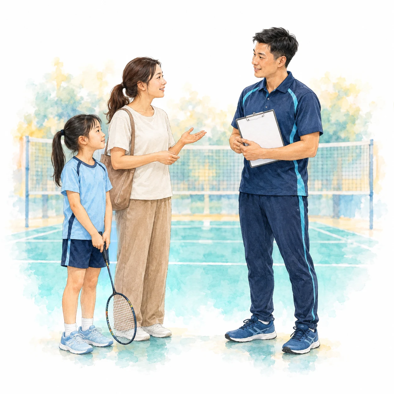 AI educational illustration of a coach holding a blank clipboard and listening to a parent’s question beside a child. AI educational illustration of a coach holding a blank clipboard and listening to a parent’s question beside a child.