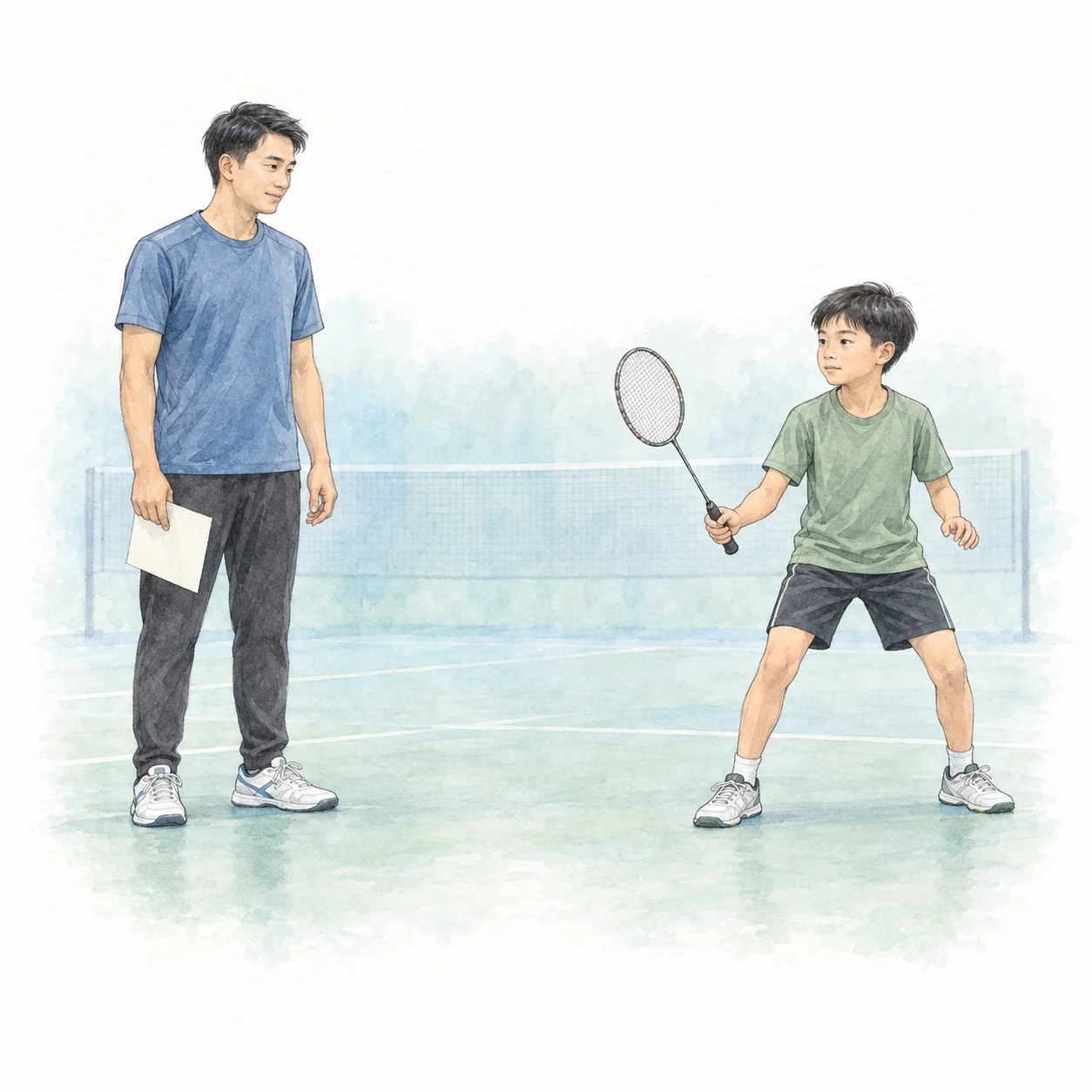 AI educational illustration of a coach observing a child recall a familiar badminton ready position beside a blank cue card.