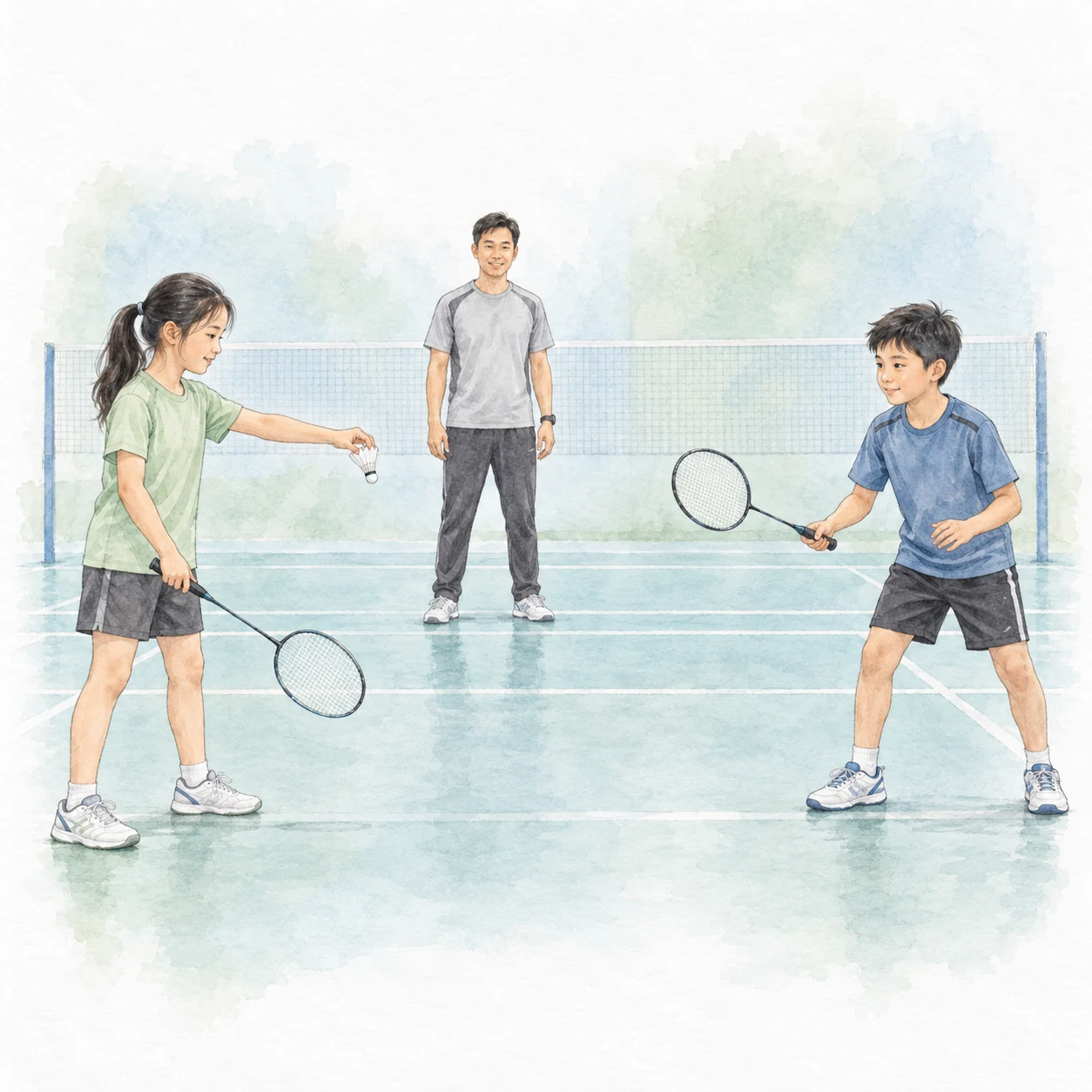 AI educational illustration of two child friends taking turns in a badminton partner practice while a coach observes their clear practice space. AI educational illustration of two child friends taking turns in a badminton partner practice while a coach observes their clear practice space.