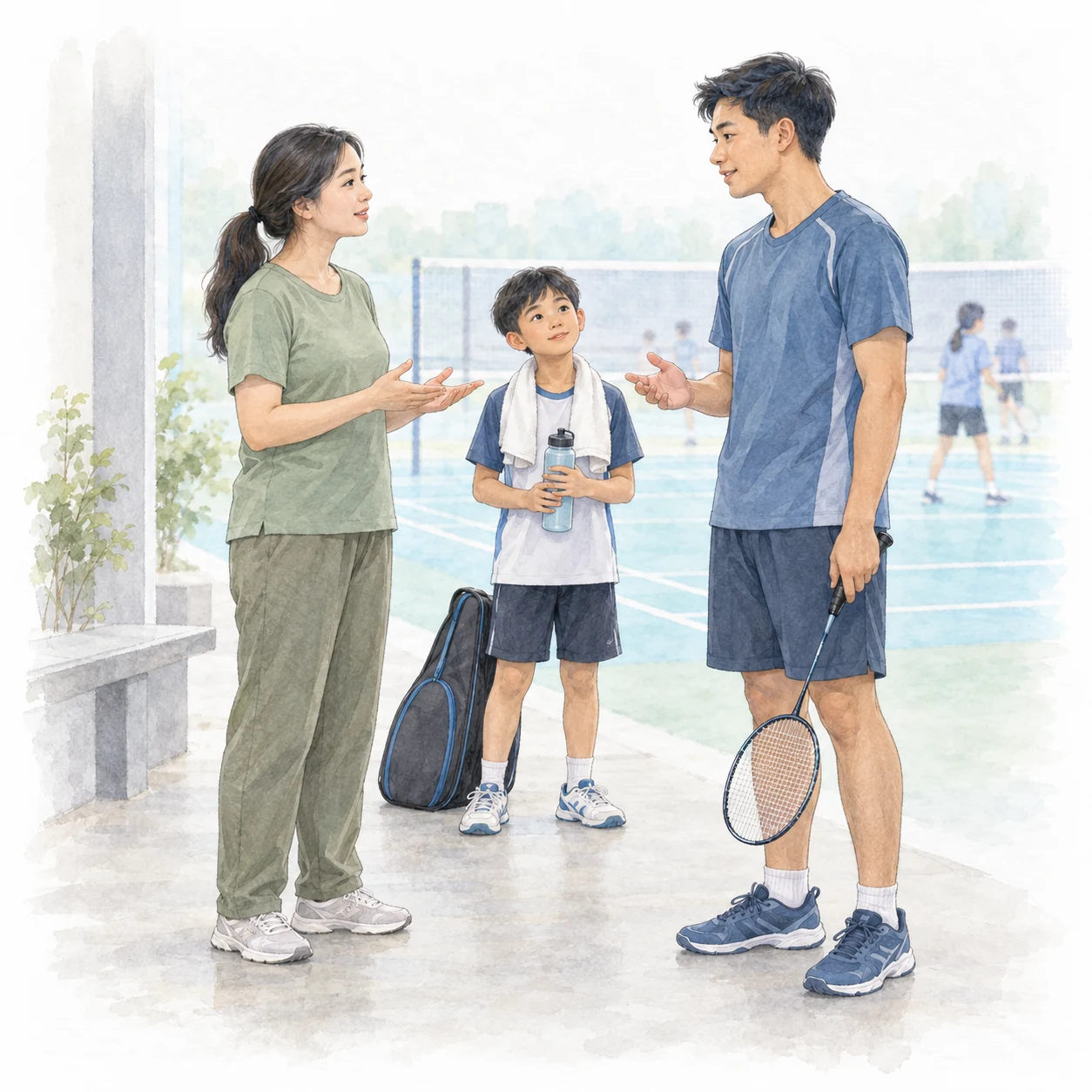 Ilustrasi pendidikan AI tentang ibu atau bapa dan jurulatih badminton berbual dengan tenang selepas kelas, bersama kanak-kanak di sebelah beg raket dan botol air. Ilustrasi pendidikan AI tentang ibu atau bapa dan jurulatih badminton berbual dengan tenang selepas kelas, bersama kanak-kanak di sebelah beg raket dan botol air.