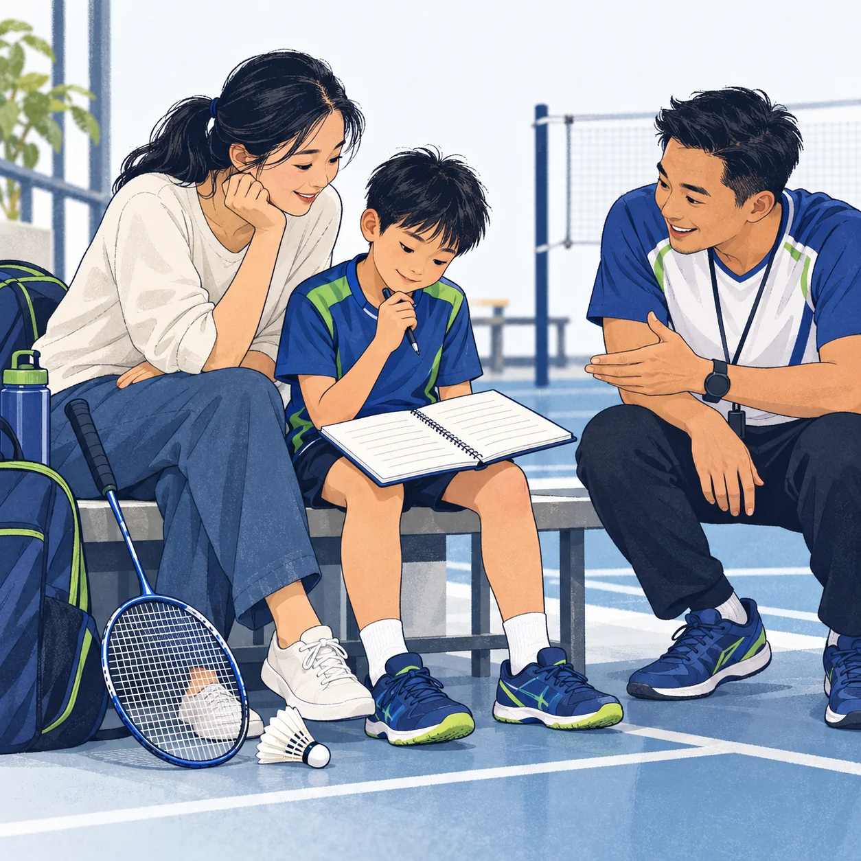 Ilustrasi pengajaran ibu bapa mencatat tugasan badminton, arahan dan pemerhatian anak
