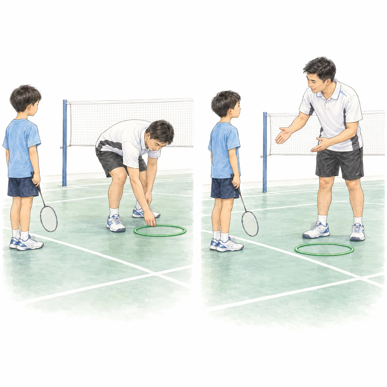 AI-generated educational illustration of badminton learning and coaching.