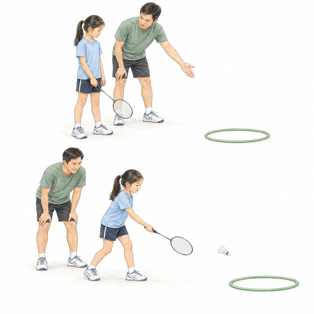 Ilustrasi pengajaran hasil AI tentang anak yang melakukan latihan raket dan kok terkendali ke arah satu lingkaran di lantai sementara pelatih mengamati. Ilustrasi pengajaran hasil AI tentang anak yang melakukan latihan raket dan kok terkendali ke arah satu lingkaran di lantai sementara pelatih mengamati.
