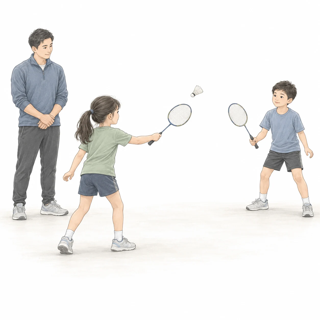 AI-generated educational illustration of badminton learning and coaching.