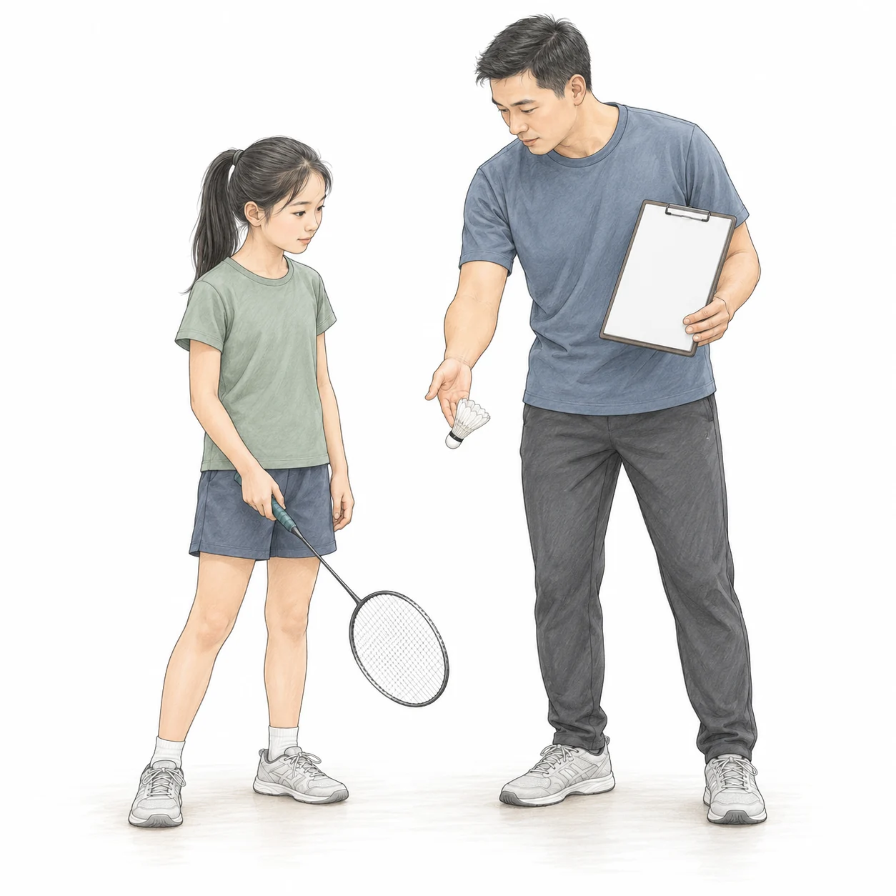 AI teaching illustration of a coach explaining a task to a child while holding a blank clipboard. AI teaching illustration of a coach explaining a task to a child while holding a blank clipboard.