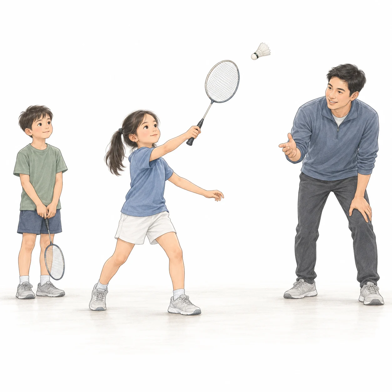 AI teaching illustration of one child practising while another watches beside the badminton coach. AI teaching illustration of one child practising while another watches beside the badminton coach.
