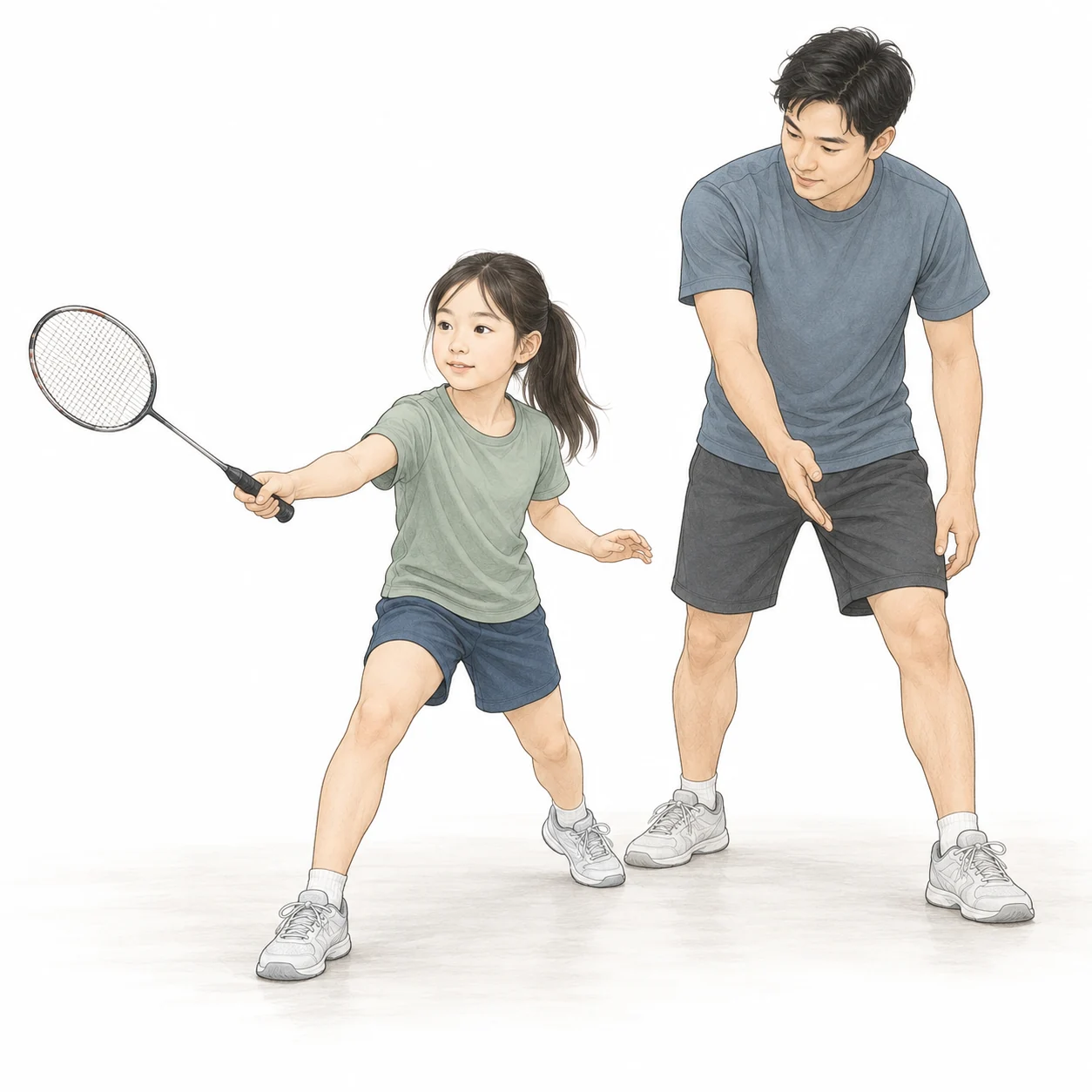 AI teaching illustration of a child practising a simple racket movement with a coach's feedback. AI teaching illustration of a child practising a simple racket movement with a coach's feedback.