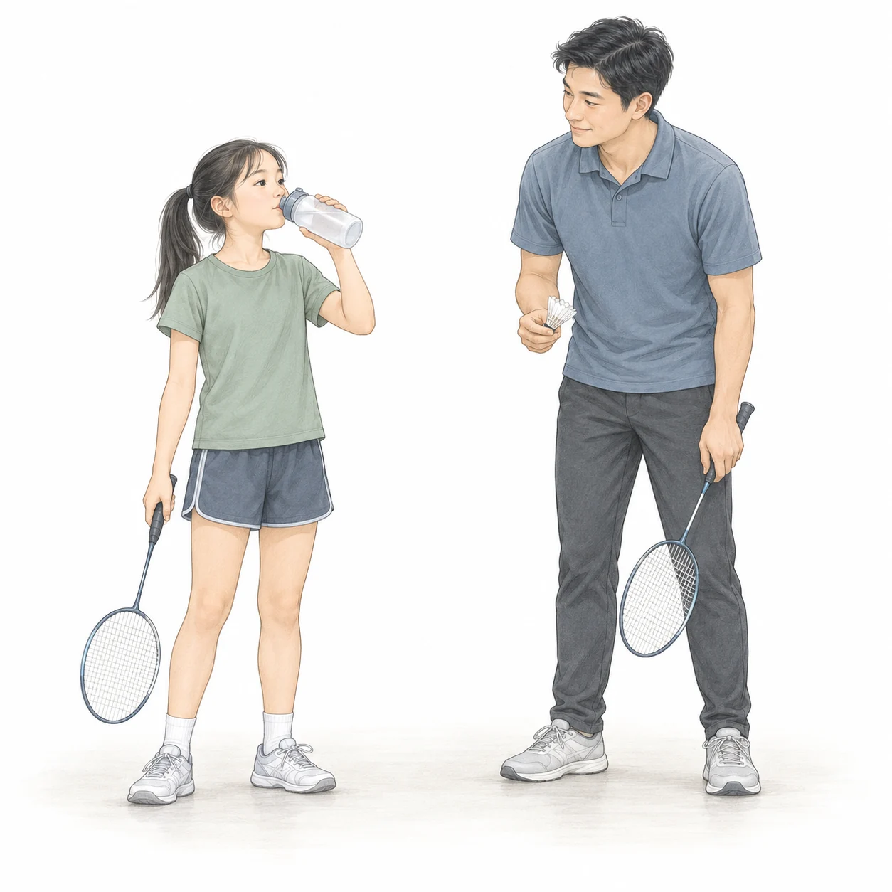 AI teaching illustration of a child taking a water break beside a waiting badminton coach. AI teaching illustration of a child taking a water break beside a waiting badminton coach.