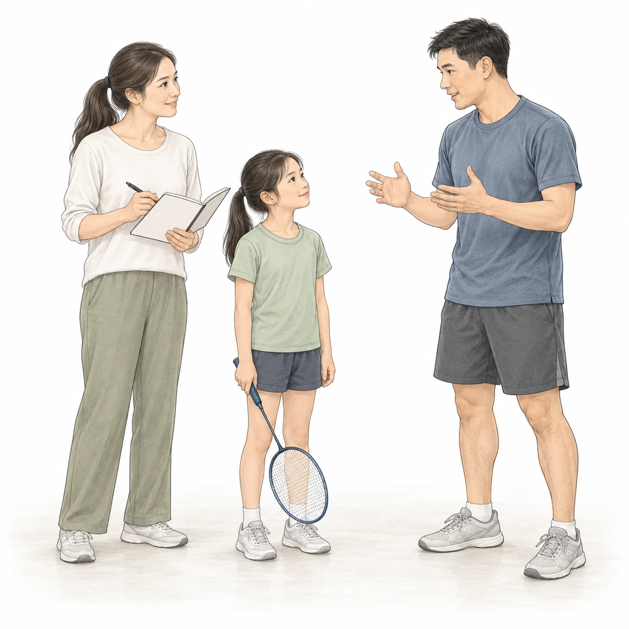 AI teaching illustration of a parent with a blank notebook and a child listening to a coach's lesson summary. AI teaching illustration of a parent with a blank notebook and a child listening to a coach's lesson summary.
