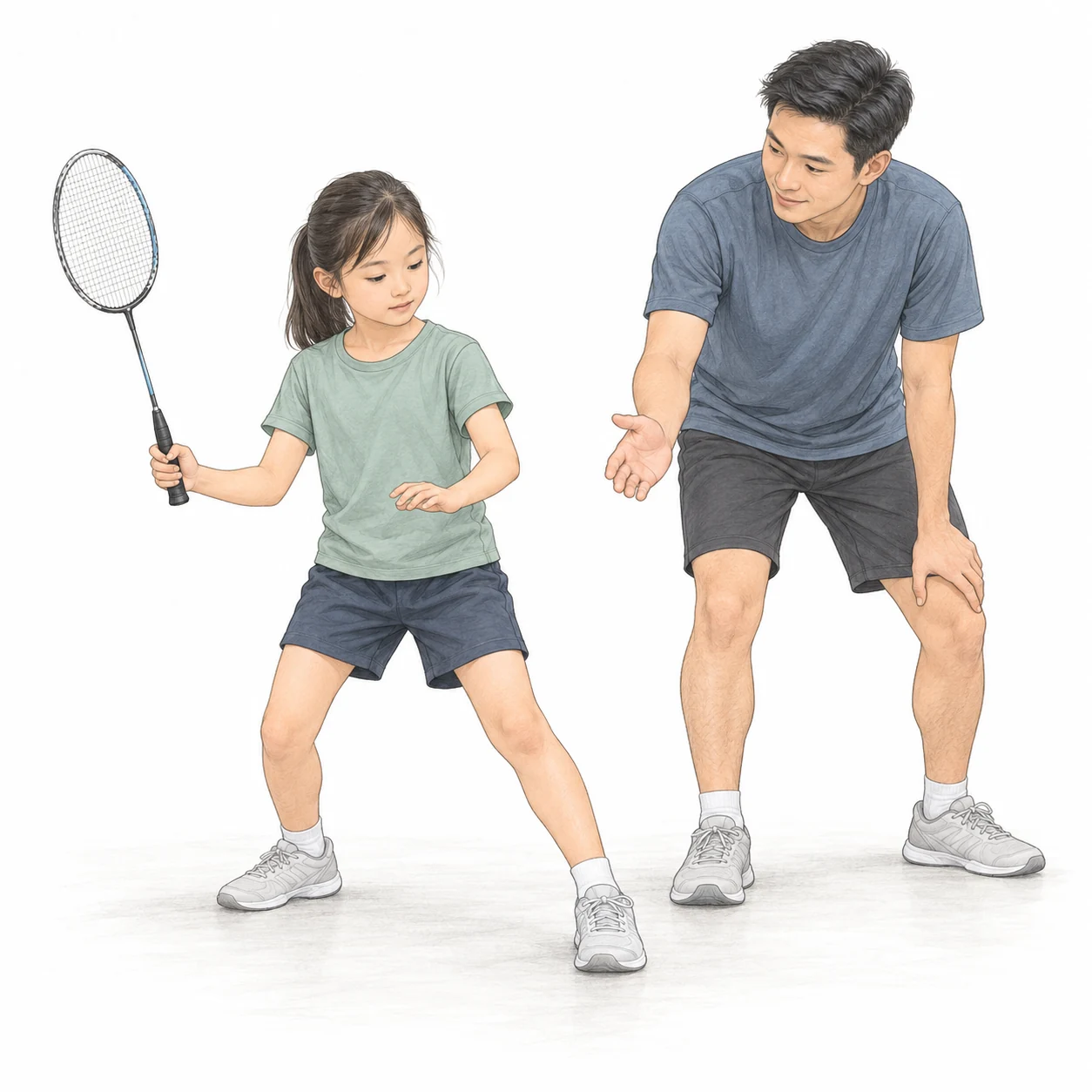 AI teaching illustration of a child checking a racket-ready position beside a supportive coach. AI teaching illustration of a child checking a racket-ready position beside a supportive coach.