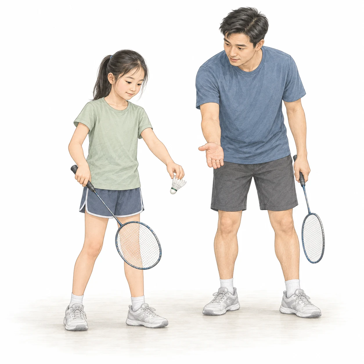 AI teaching illustration of a coach guiding a child through a calm badminton serve preparation. AI teaching illustration of a coach guiding a child through a calm badminton serve preparation.