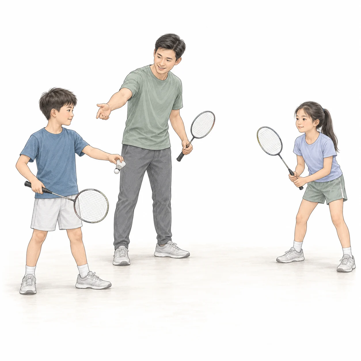 AI teaching illustration of a coach helping two children understand serving and receiving roles. AI teaching illustration of a coach helping two children understand serving and receiving roles.