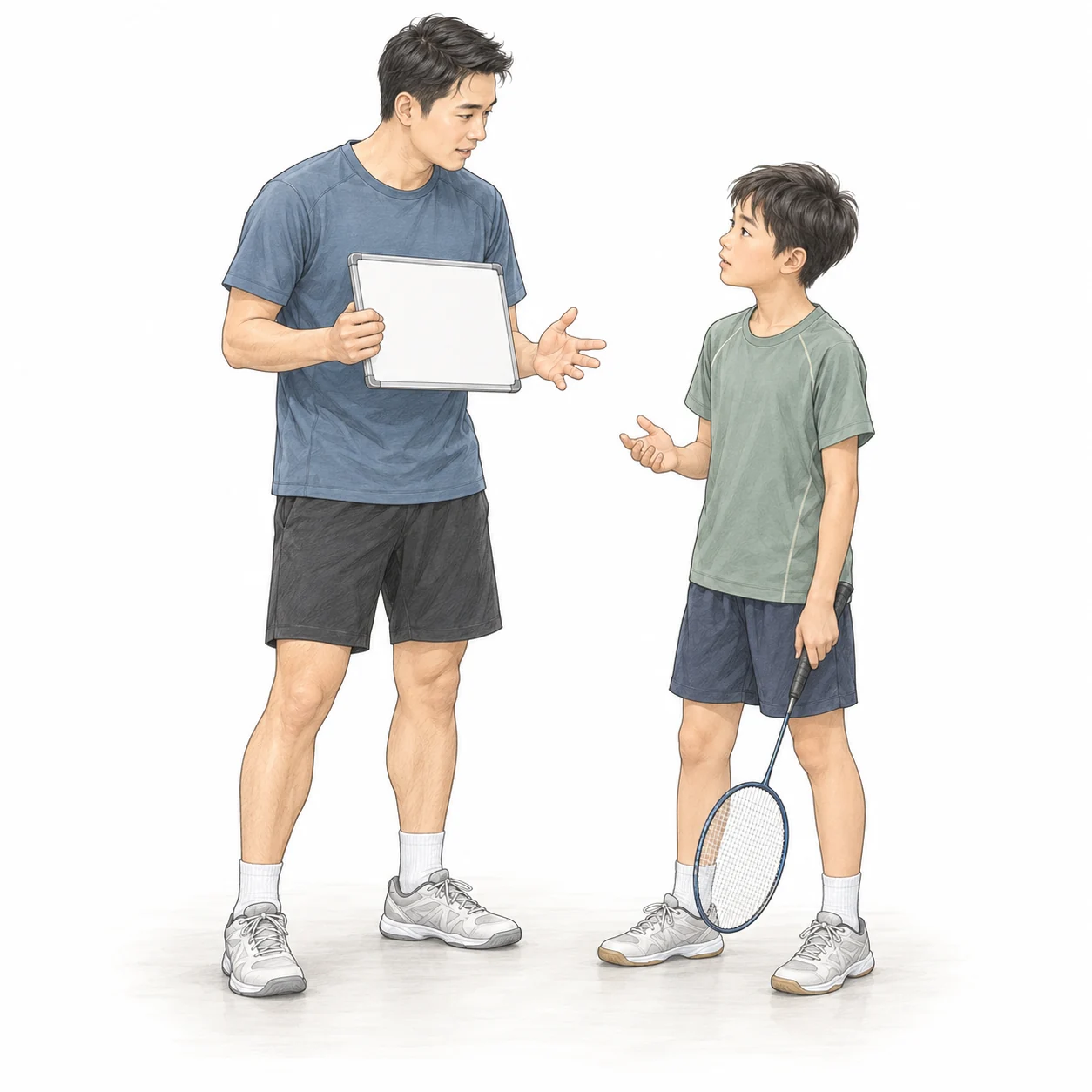 AI teaching illustration of a coach and child discussing a rally outcome with a blank board. AI teaching illustration of a coach and child discussing a rally outcome with a blank board.