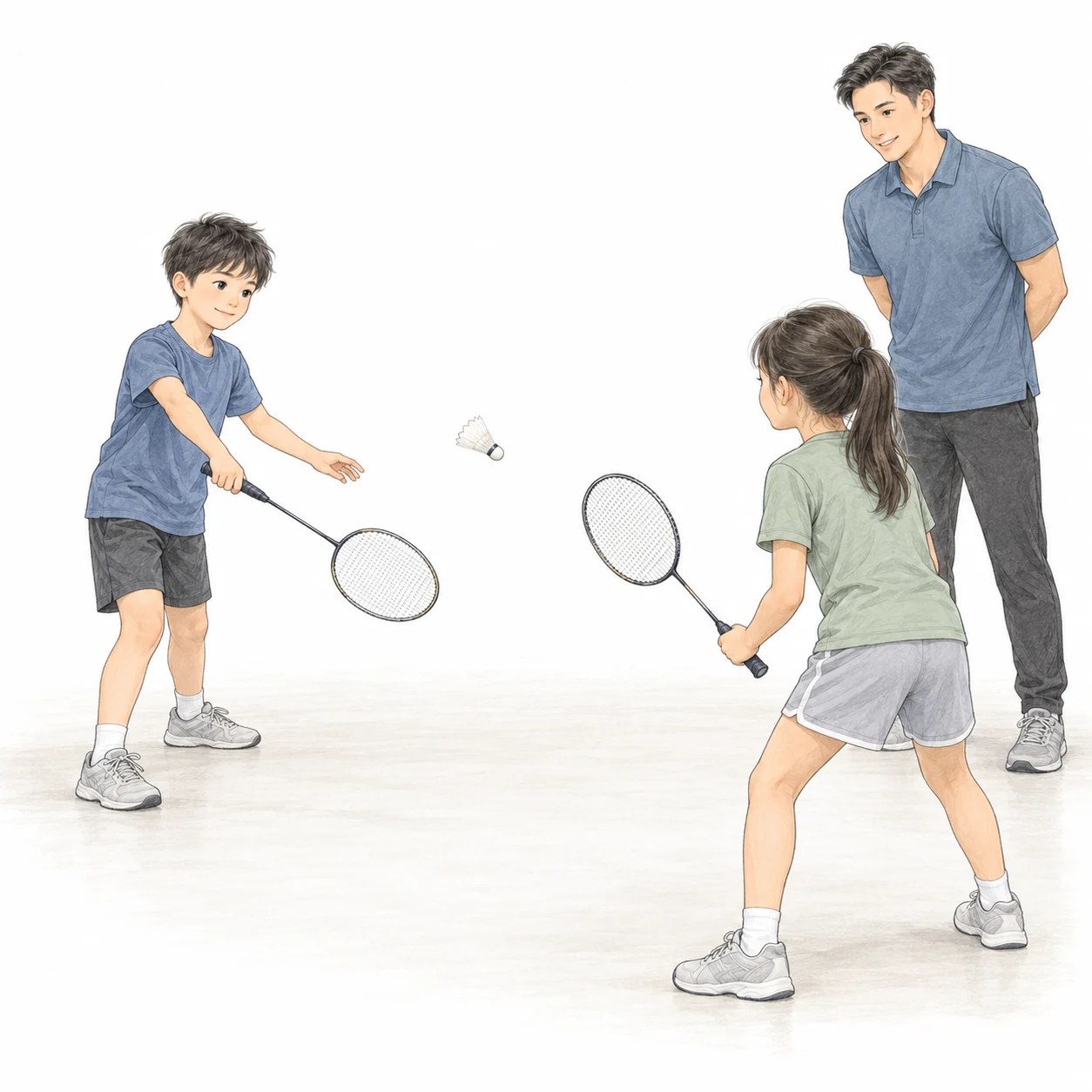 AI teaching illustration of two children practising a controlled badminton serve and return under a coach's observation. AI teaching illustration of two children practising a controlled badminton serve and return under a coach's observation.