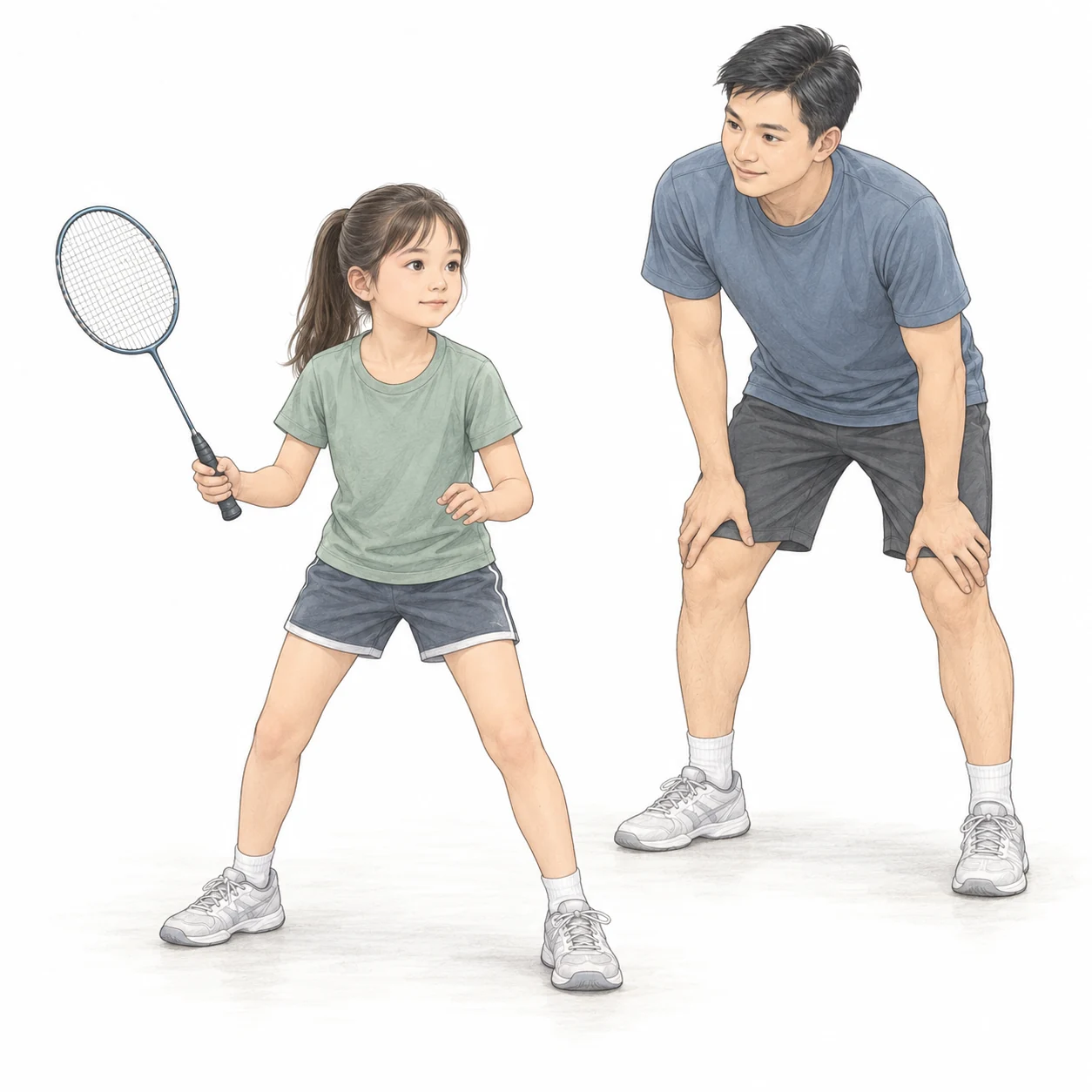 AI teaching illustration of a child holding a comfortable racket-ready position while a coach watches. AI teaching illustration of a child holding a comfortable racket-ready position while a coach watches.