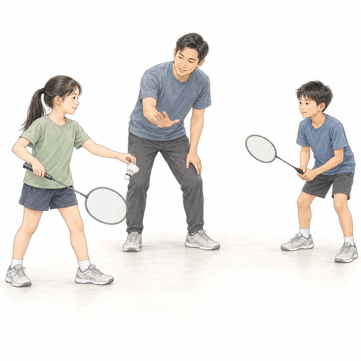 AI teaching illustration of a coach guiding two children through a calm badminton restart. AI teaching illustration of a coach guiding two children through a calm badminton restart.