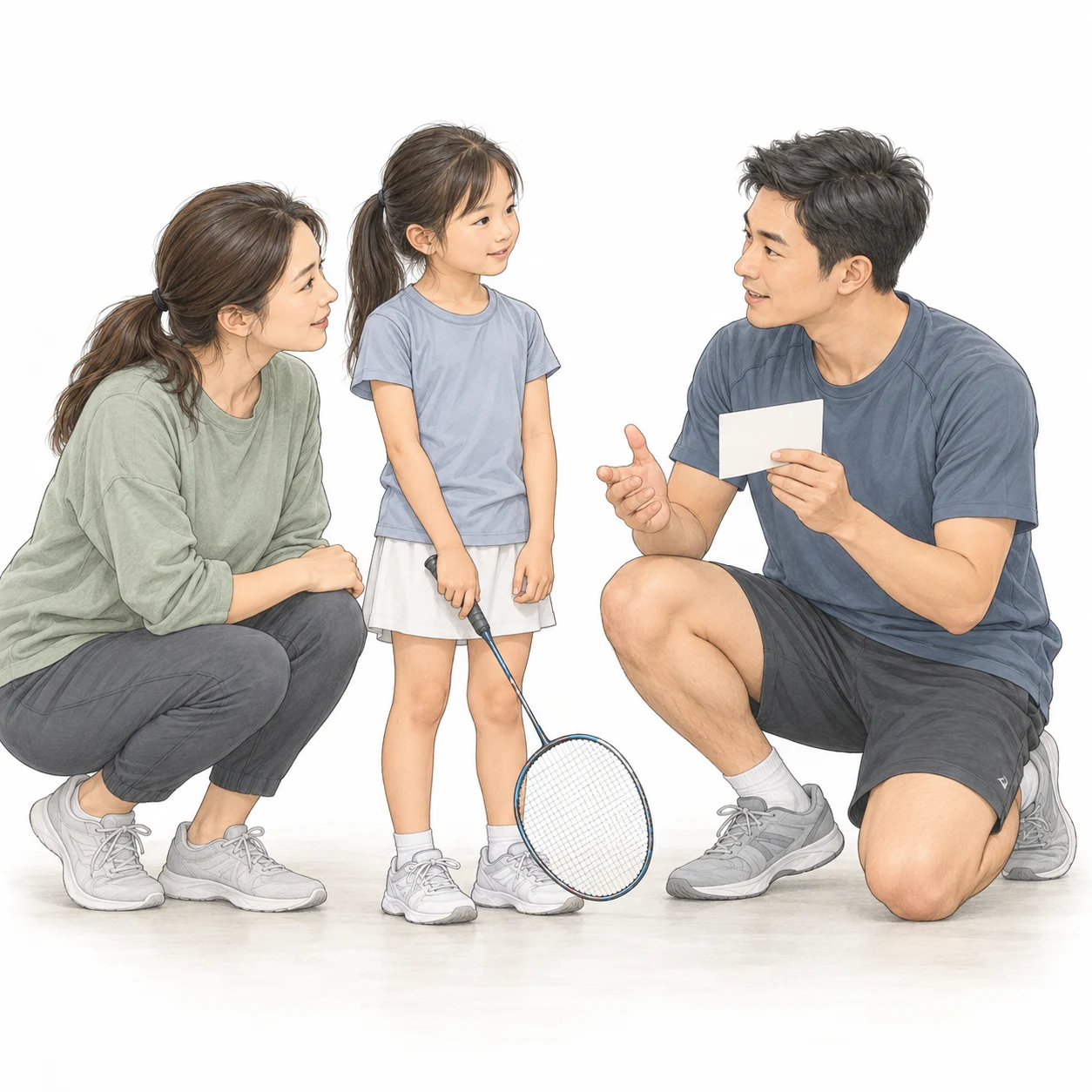AI teaching illustration of a parent, child and coach reviewing a learning step with a blank card. AI teaching illustration of a parent, child and coach reviewing a learning step with a blank card.