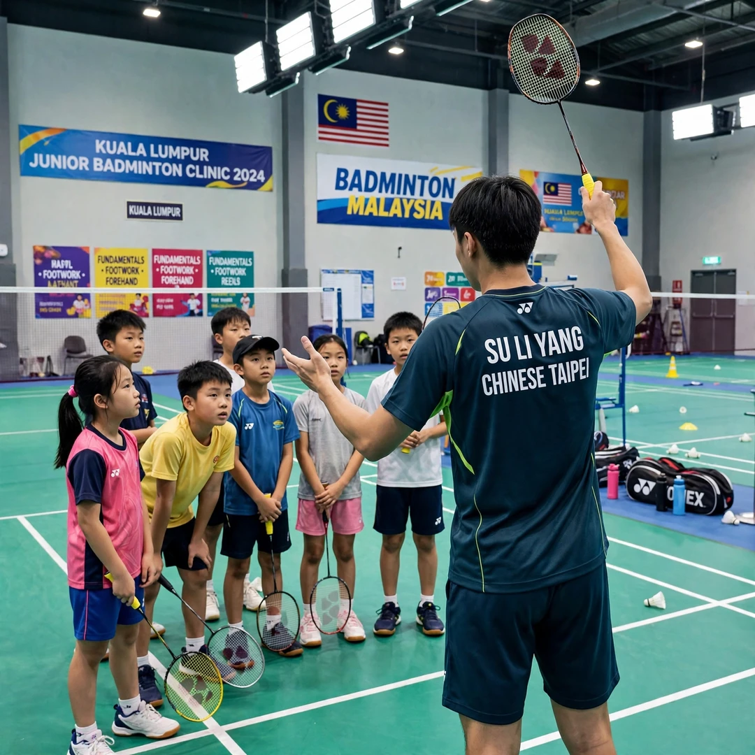 Su Li Yang junior clinic Su Li Yang coaching junior players at a clinic in Kuala Lumpur (AI-generated)
