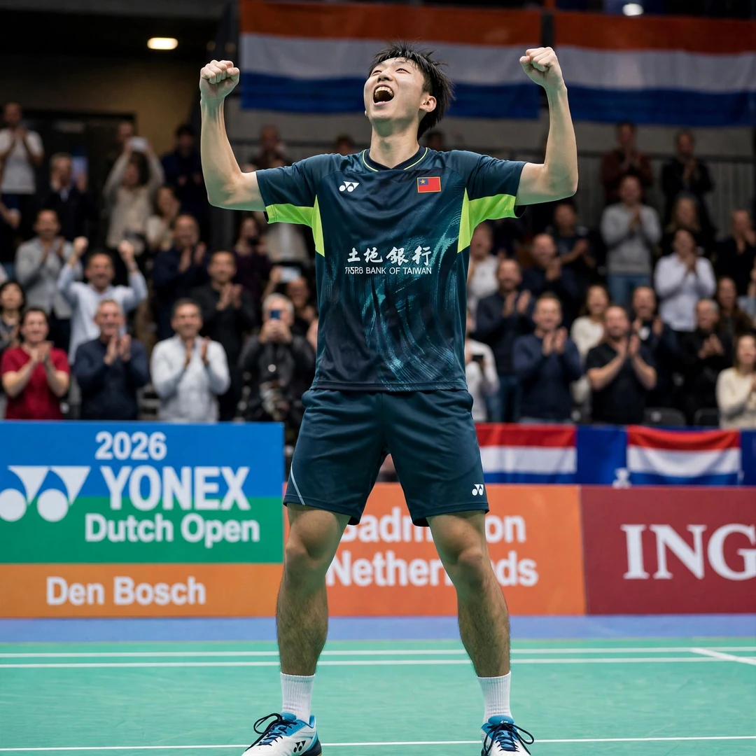 Su Li Yang Dutch Open celebration Su Li Yang celebrating with both fists raised after winning the 2026 Dutch Open in Den Bosch (AI-generated)