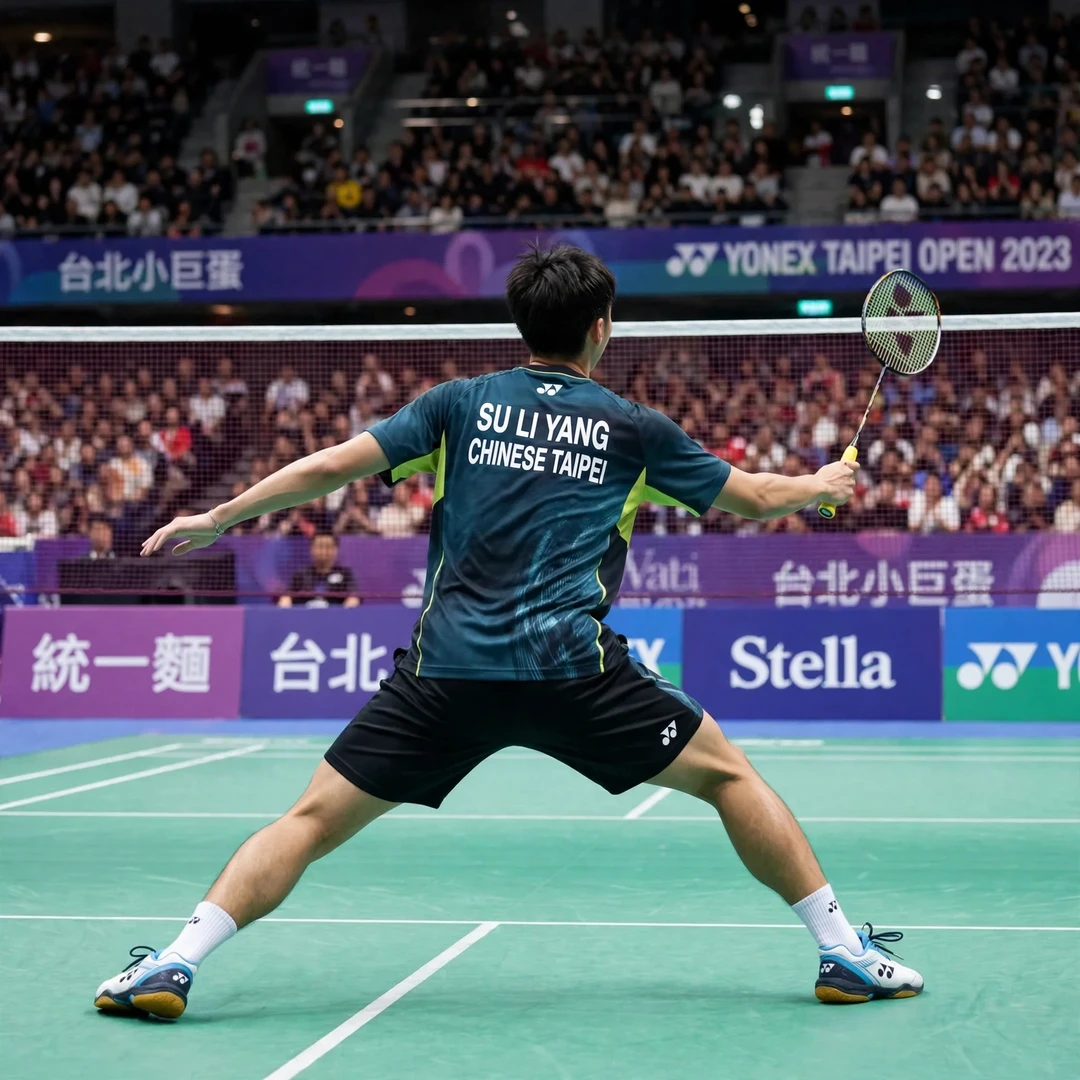 Su Li Yang Taipei Open 2023 Su Li Yang lunging for a net shot in the 2023 Taipei Open final at Taipei Arena, his first BWF World Tour final (AI-generated)