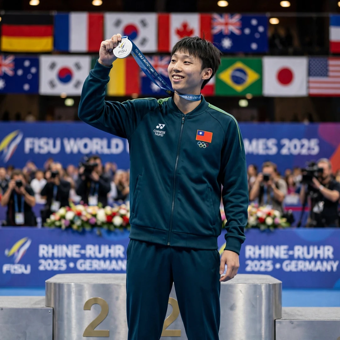 Su Li Yang World University Games silver medal Su Li Yang holding up the silver medal he won with the Chinese Taipei mixed team at the 2025 World University Games in Rhine-Ruhr, Germany (AI-generated)