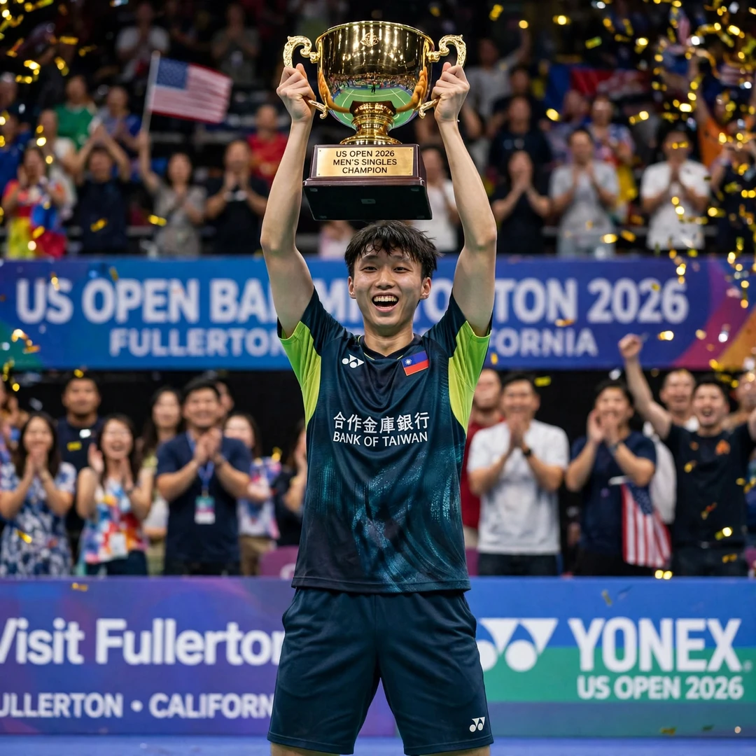 Su Li Yang US Open 2026 champion Su Li Yang lifting the US Open trophy in Fullerton in 2026, his first BWF World Tour title (AI-generated)