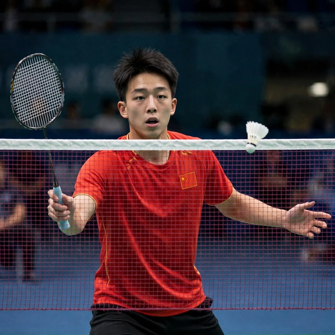 Sun Chao playing a tumbling net shot (AI-generated) Sun Chao playing a tumbling net shot (AI-generated)