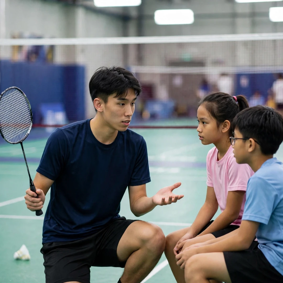 Tan Jia Jie as a role model for developing Malaysian players (AI-generated) Tan Jia Jie with junior players at training (AI-generated)