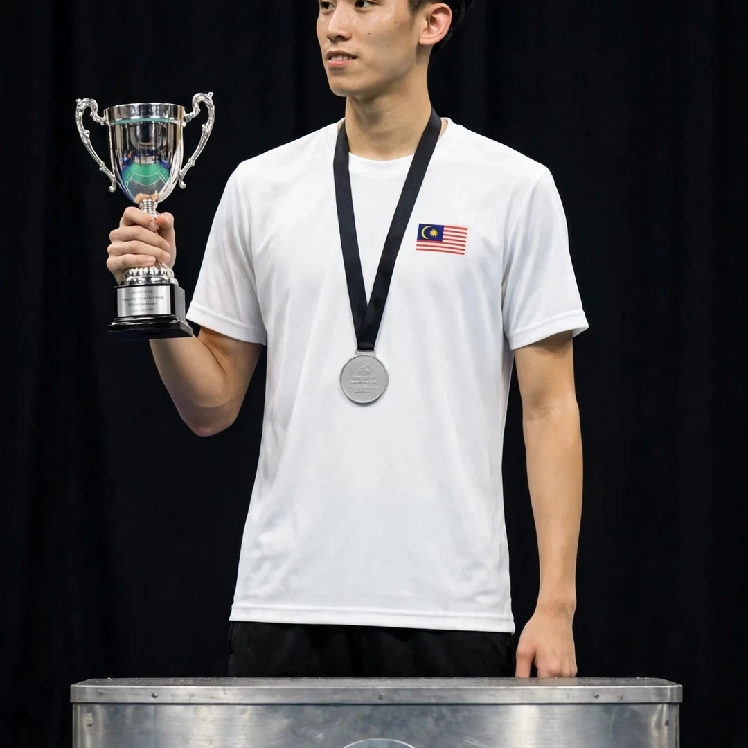 Tan Jia Jie Irish Open 2024 runner-up podium moment (AI-generated) Tan Jia Jie on the podium with a silver medal (AI-generated)