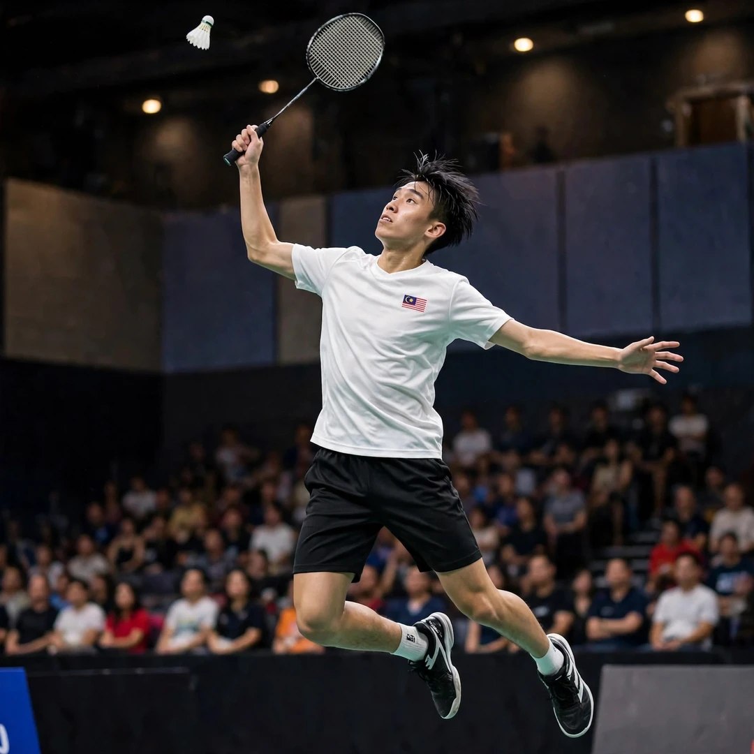 Tan Jia Jie right-handed jump smash during an international match (AI-generated) Tan Jia Jie jump smash (AI-generated)