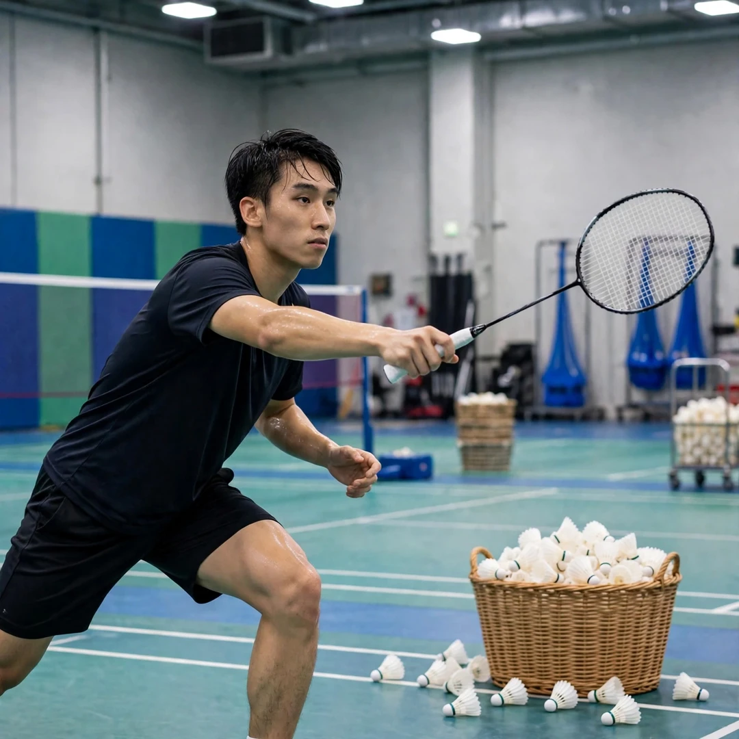 Tan Jia Jie footwork and multi-shuttle training drills (AI-generated) Tan Jia Jie training session (AI-generated)